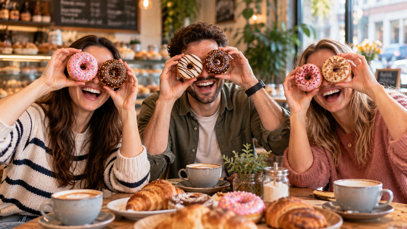 Three bakery customers laughing while holding doughnuts over their eyes for a playful social media photograph.