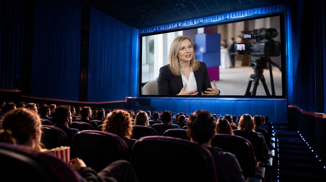 A movie theatre showing a film about a business