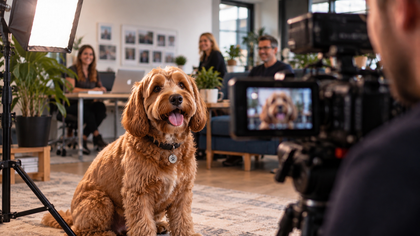 Friendly company dog being filmed with a professional video camera in a creative office.