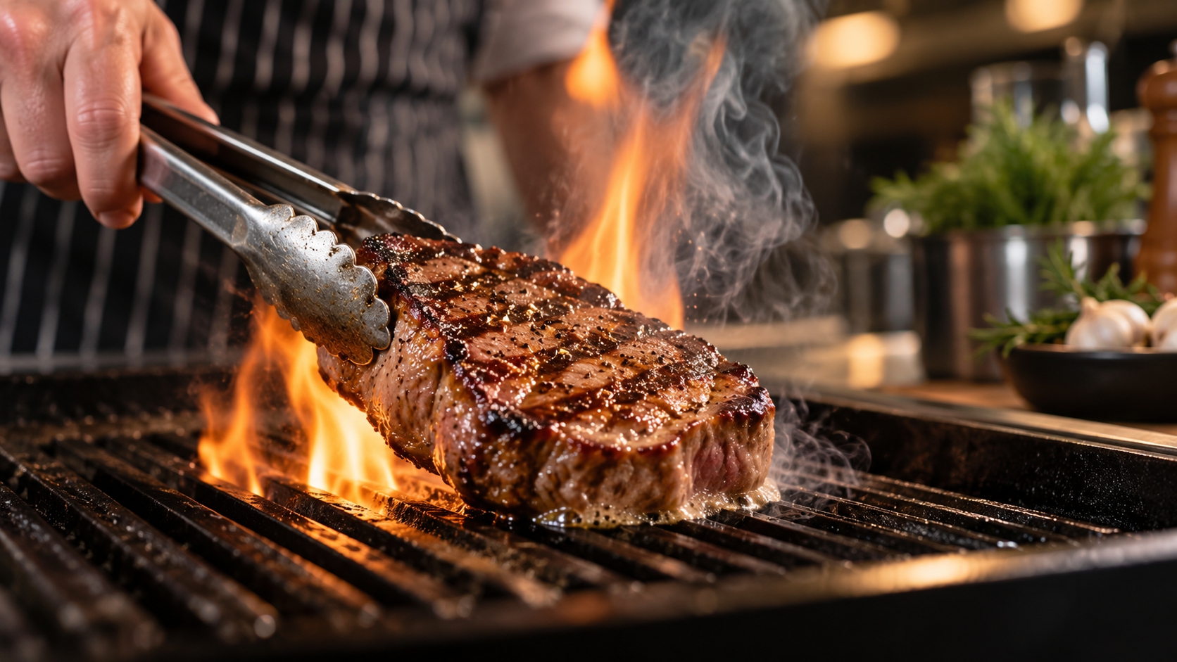 Steak sizzling over flames on a hot grill, illustrating the advertising expression sell the sizzle, not the steak.
