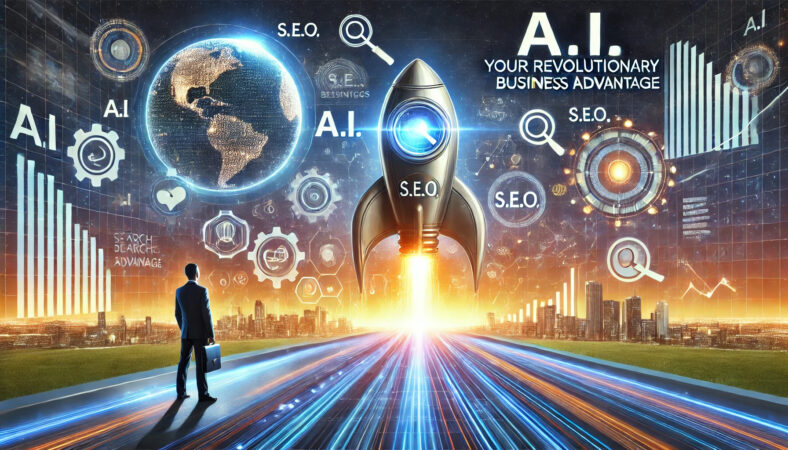 How to Use AI to Create Content Without Losing Your Voice. Man stood in front of SEO rocket and digital cityscape. Message reads AI your revolutionary advantage.
