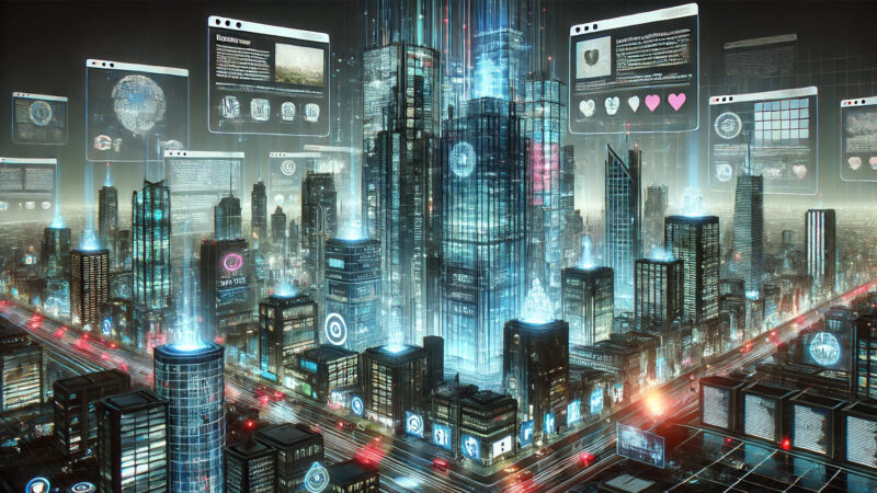 How to Use AI to Create Content Without Losing Your Voice. A city skyline made of digital web pages, each representing a piece of content.