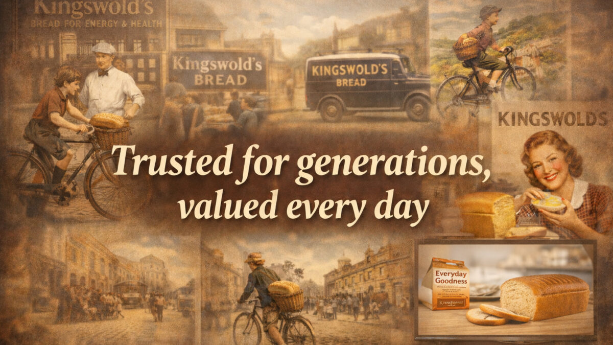 Fictional brand, Kingswold Bread, marketing photos through the years with same central message: "Trusted for generations, values every day."