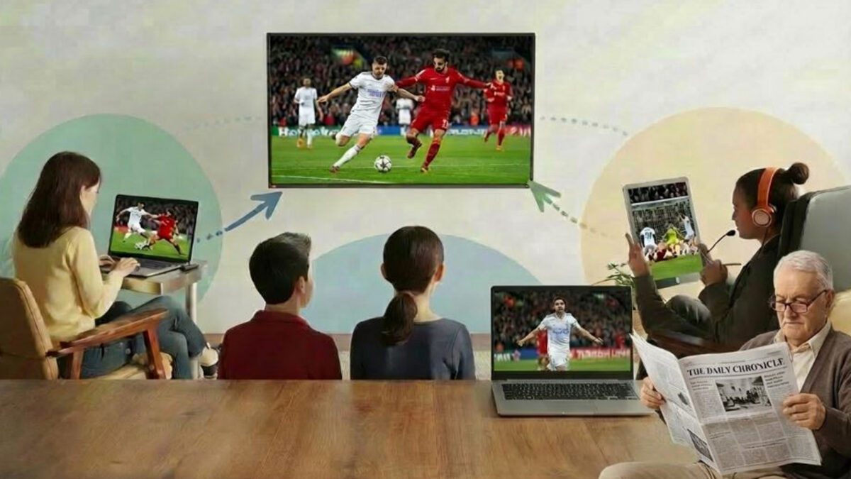 Different generations viewing the same media on different devices. Including tv, laptop, newspaper and tablet. Media is a football match.