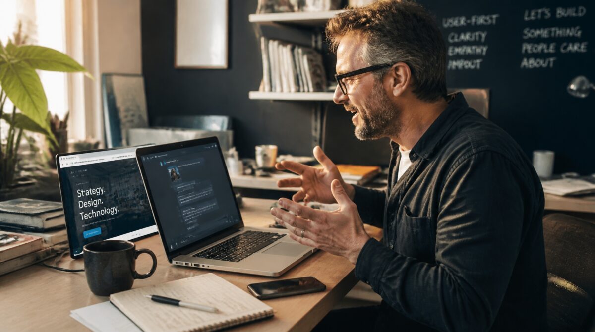 Business owner using an AI chatbot to develop ideas for website content