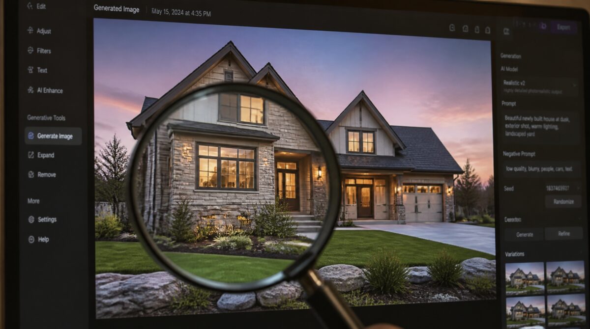 AI generated house image viewed through a magnifying glass on a computer screen