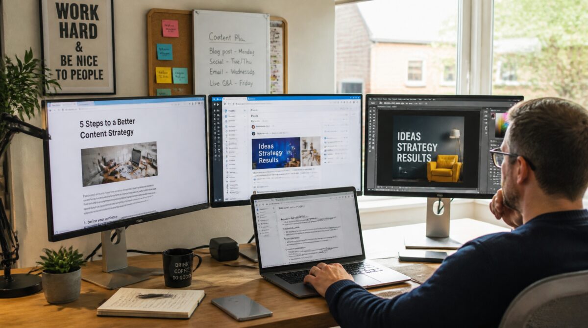 Small business owner using digital tools to create and manage online content