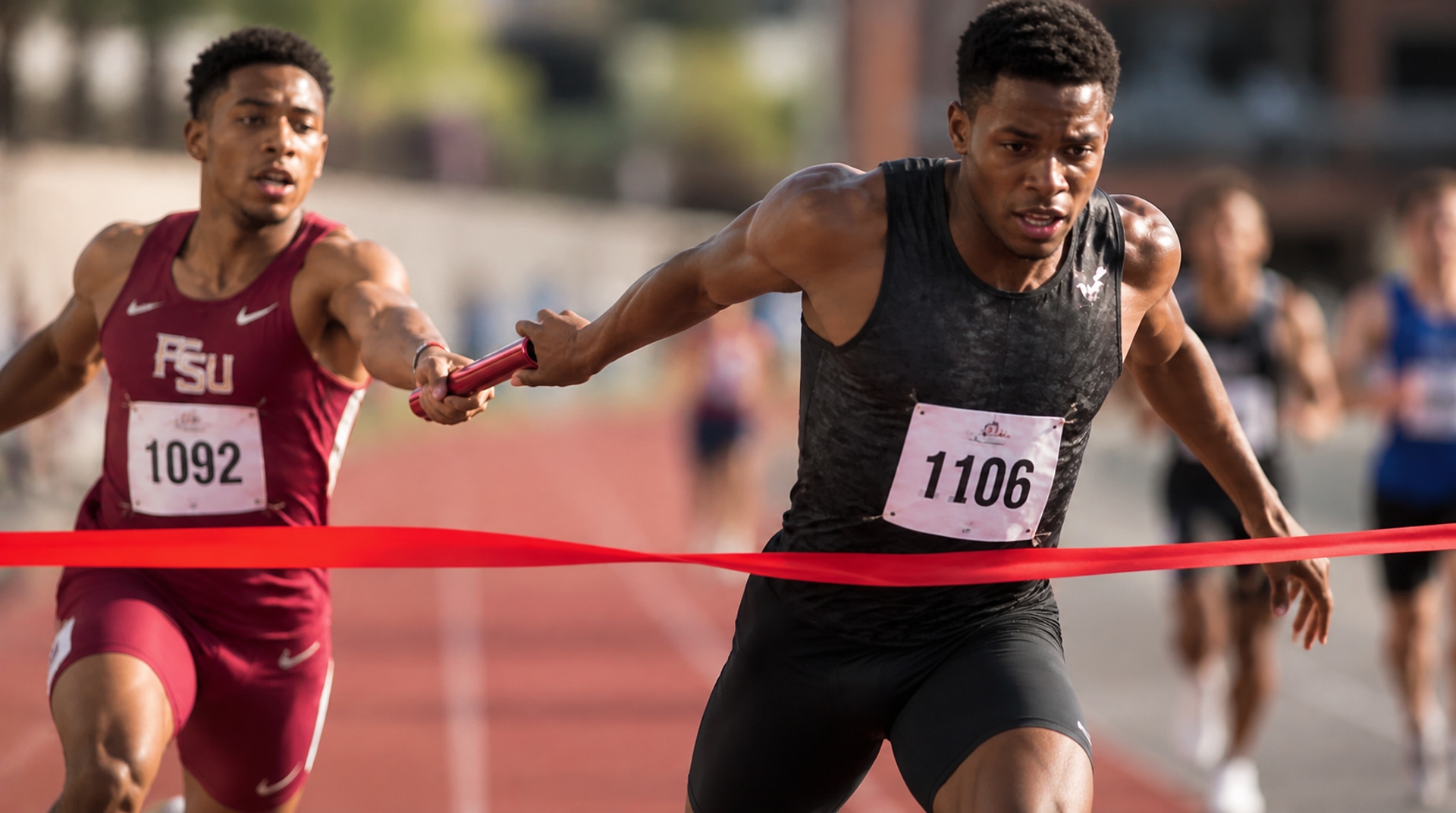 Relay runner receiving the baton as he crosses the finish line, illustrating how the final marketing touchpoint may receive credit for work done earlier.