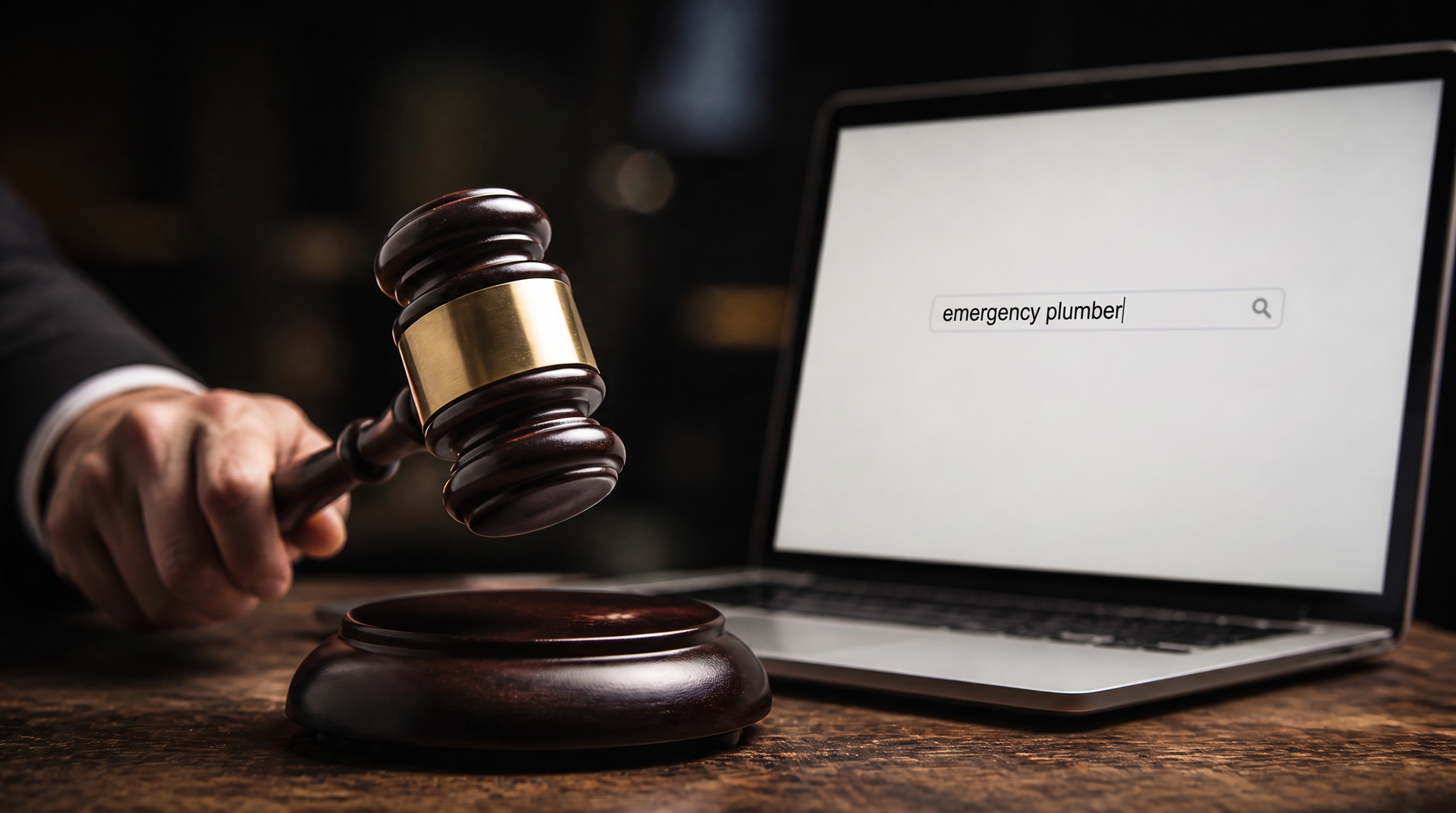 Auctioneer’s gavel beside a laptop showing a search for an emergency plumber, representing businesses bidding on Google search terms.