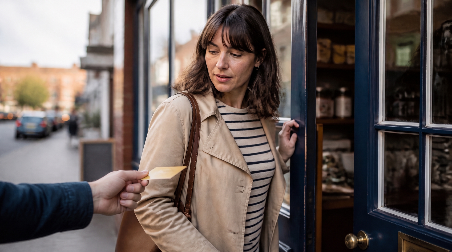 Customer entering a business being offered another company’s card, illustrating how a competitor can intercept someone already looking for you.