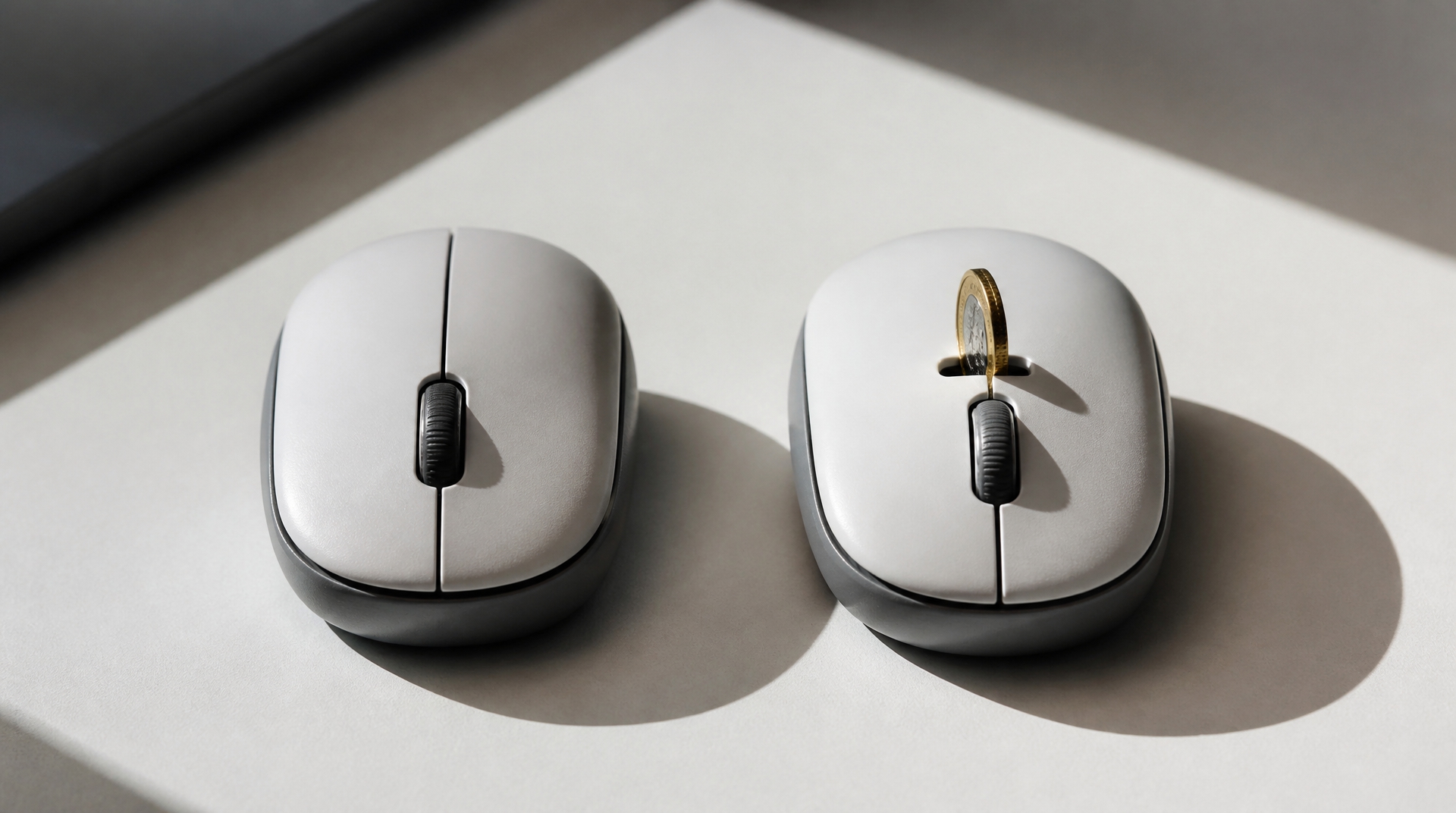 Two computer mice side by side, one requiring a coin, representing paid and organic routes to the same website.