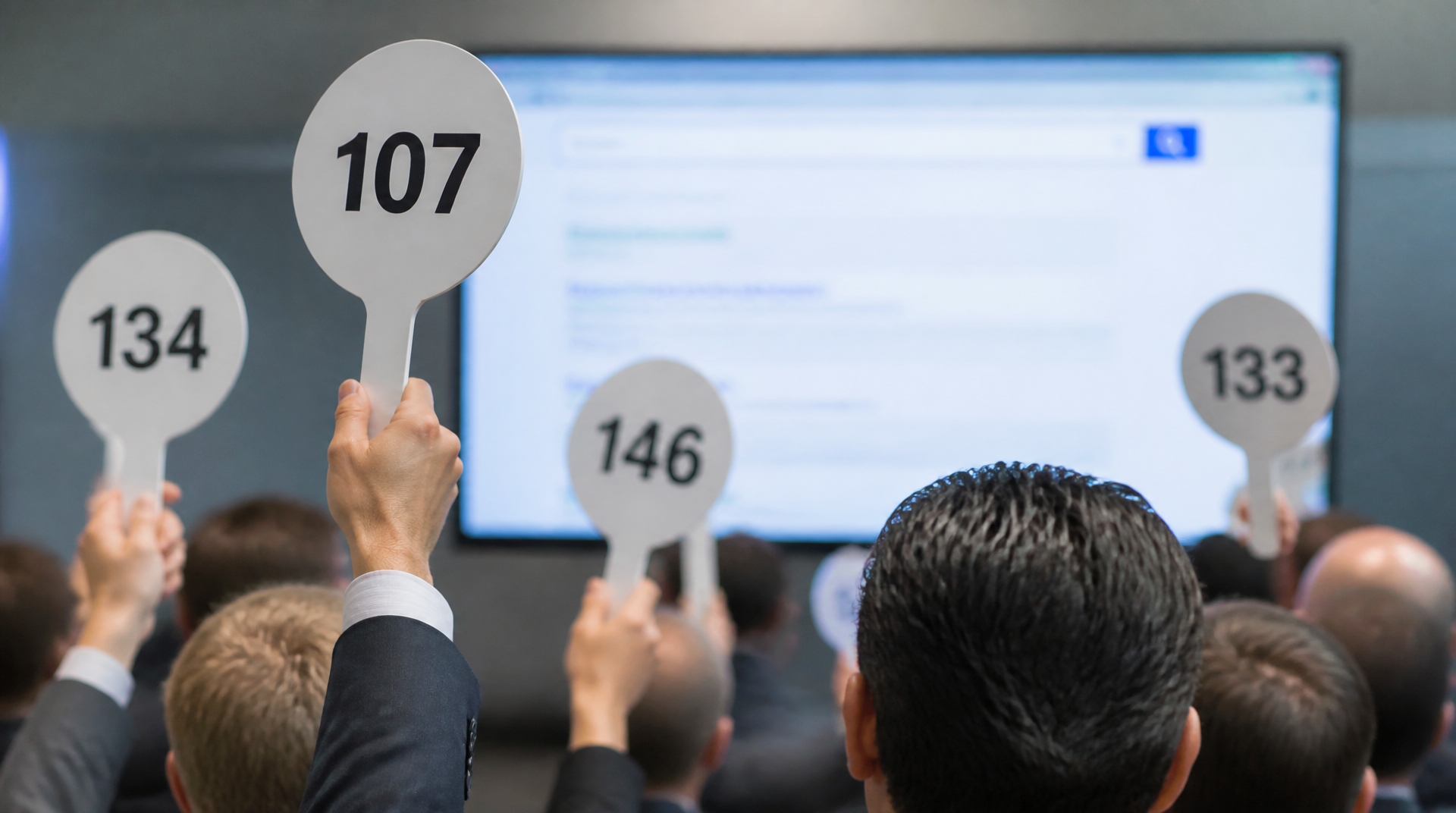 Business people raising auction paddles in front of online search results, representing advertisers competing for prominent positions in search.