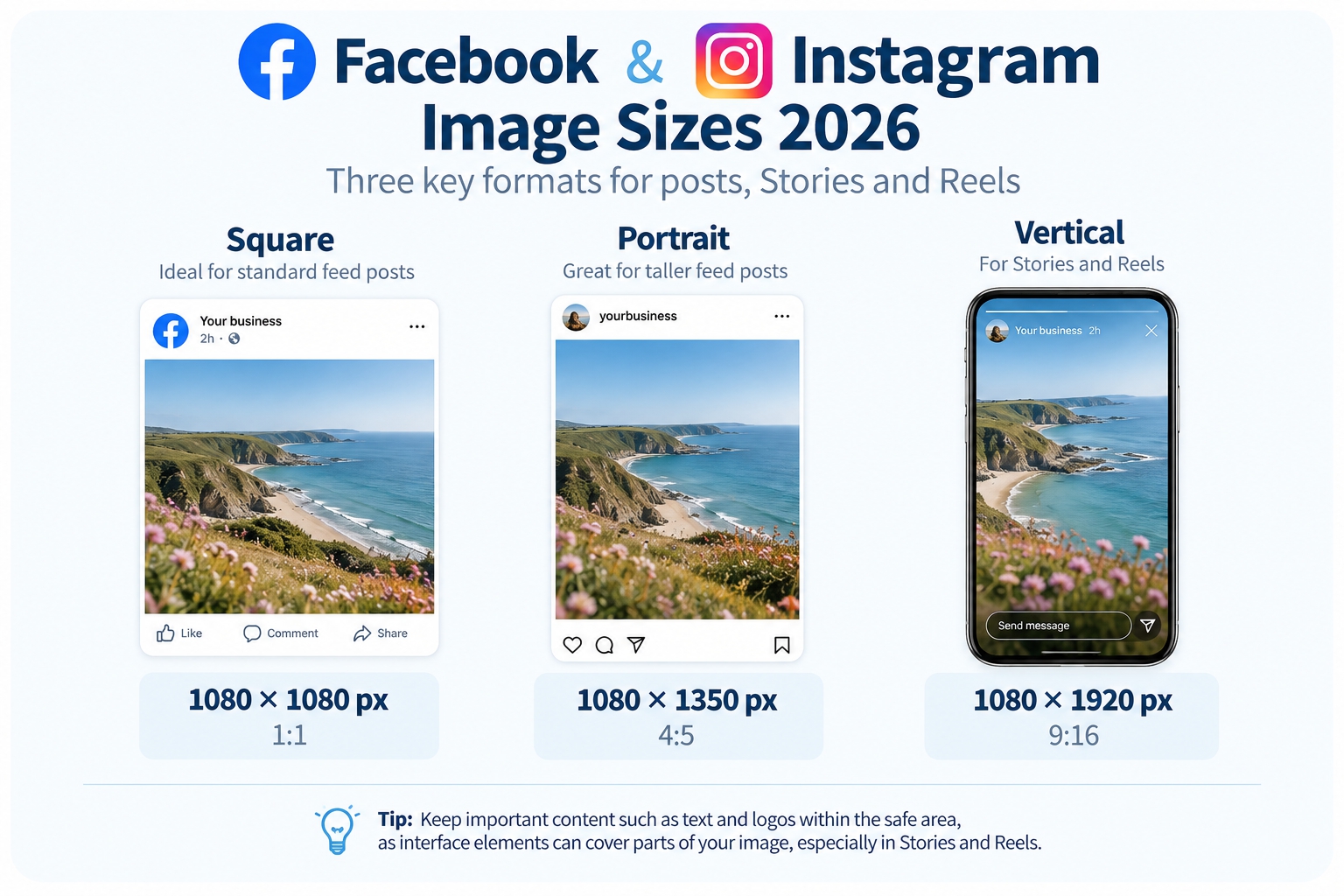 Facebook and Instagram image sizes for square, portrait, Stories and Reels in 2026