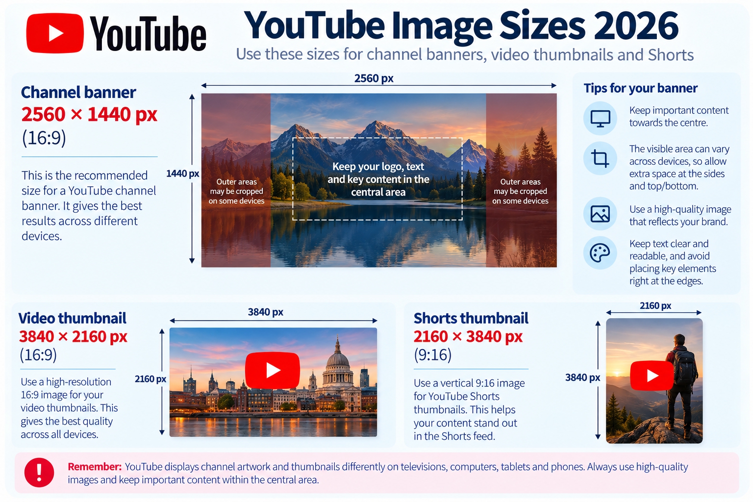 YouTube image sizes for 2026 showing channel banner, video thumbnail and Shorts thumbnail dimensions