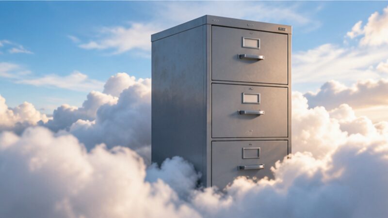 Metal filing cabinet surrounded by clouds, visually representing the idea of cloud storage.