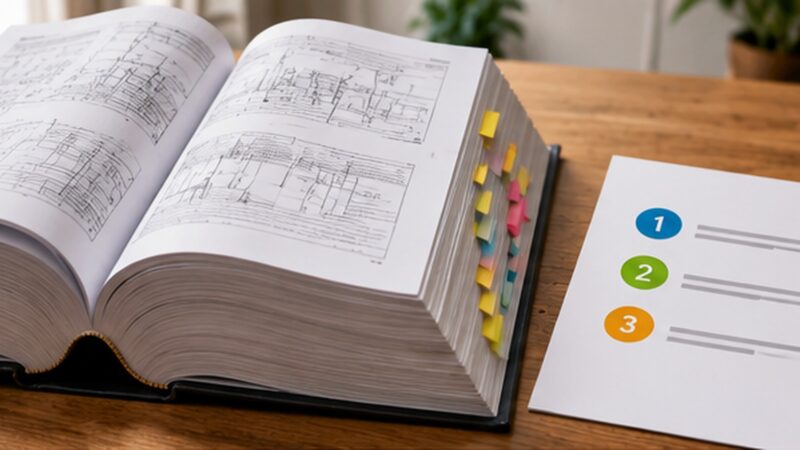 Large technical manual beside a simple three-step guide, illustrating how complicated services can be explained clearly.