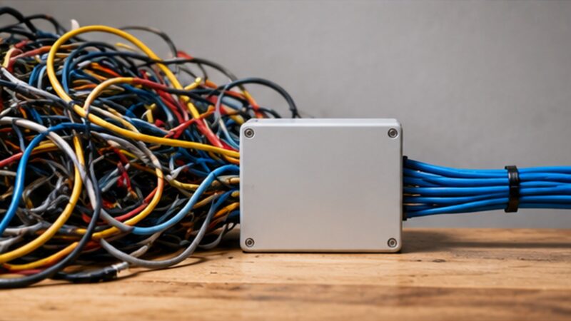 Tangled mass of cables entering a junction box and emerging neatly organised, representing a complicated process made simple.