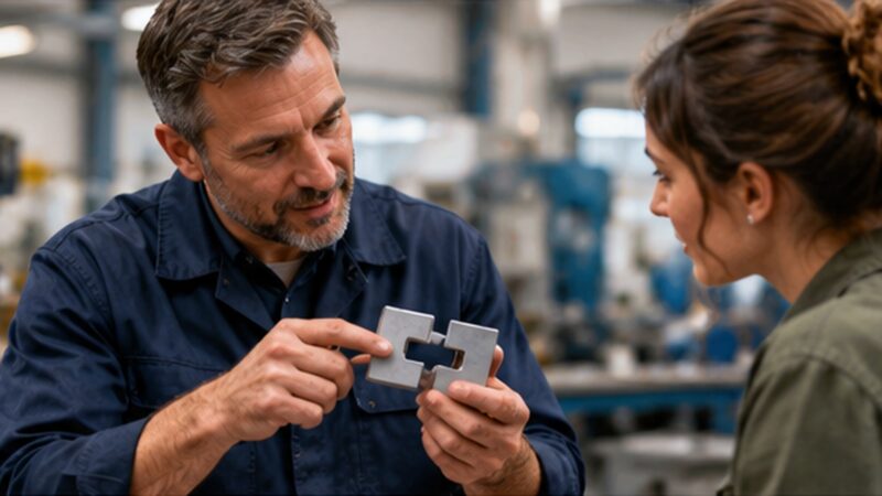 Engineer using a simple model to explain a technical concept to a customer in a workshop.