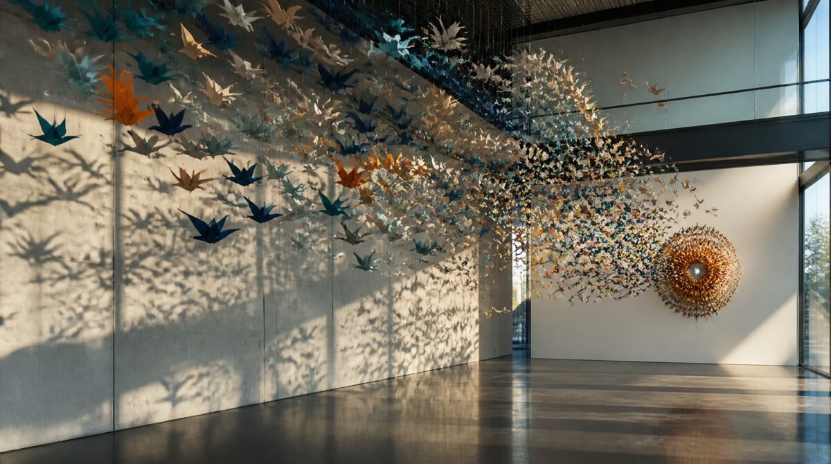 Hundreds of suspended paper birds converge towards a circular installation in a contemporary gallery.