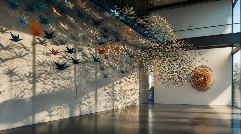 Hundreds of suspended paper birds converge towards a circular installation in a contemporary gallery.