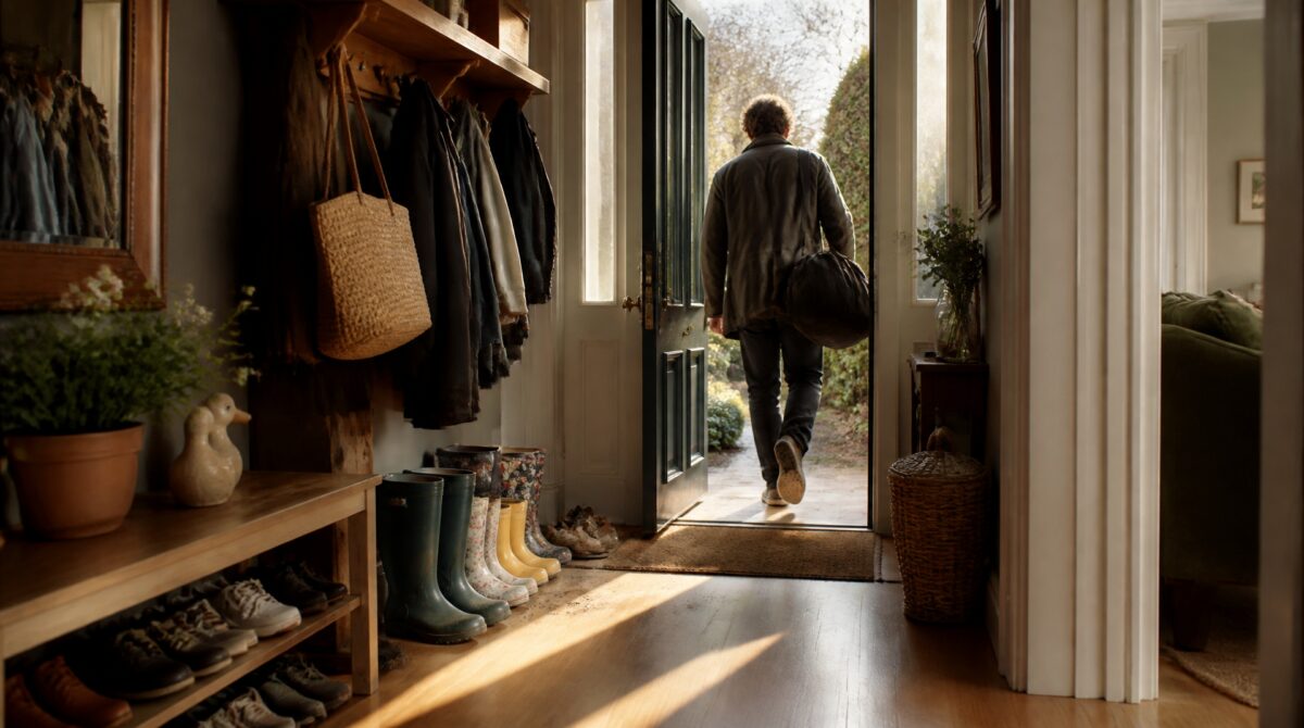 A familiar family hallway with coats, shoes and wellington boots beside an open front door.