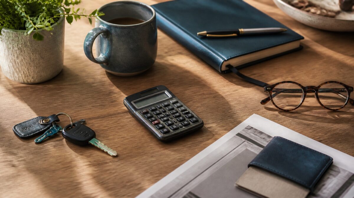 A well-used pocket calculator on a wooden desk beside keys, reading glasses, a notebook and a coffee mug.