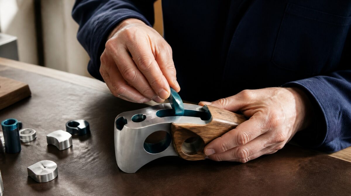 Hands fitting a precision-made blue metal component into a bespoke wooden and aluminium assembly.