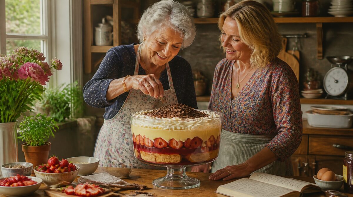 Grandmother and daughter preparing a large layered strawberry trifle together in a family kitchen, with a recipe book nearby.