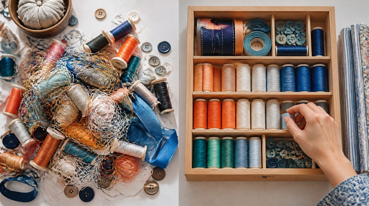 Tangled sewing threads and ribbons beside a neatly organised wooden drawer of colourful cotton reels.