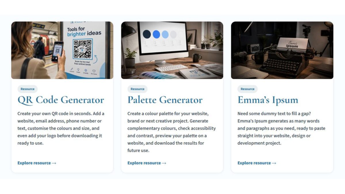 Video & Web Resources page showing the QR Code Generator, Palette Generator and Emma's Ipsum tools.